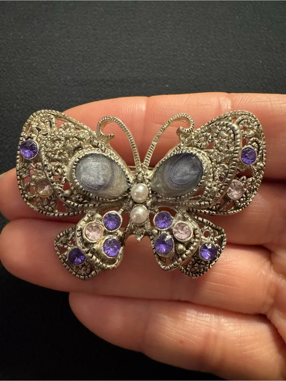 Ornate Silver Tone Butterfly Brooch